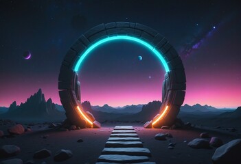Wall Mural - Mysterious cyber portal entrance with neon violet glow illuminating a cosmic stone landscape in a fantasy universe