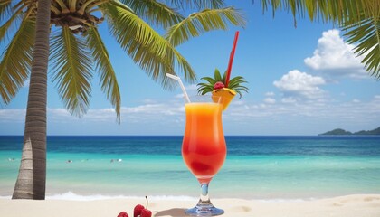 Caribbean paradise: Close-up of a fruity cocktail on a hot sandy beach with palm trees and turquoise ocean in the background