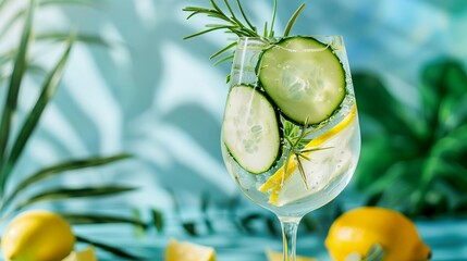 Canvas Print - Refreshing summer drink of lemonade with cucumber and rosemary in a glass. Ideal for promoting summer beach parties, healthy lifestyle, or refreshing beverage brands. AI