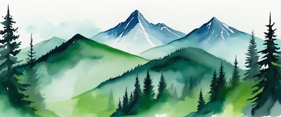 Wall Mural - Alps-inspired watercolor painting featuring green tones, mountain peaks, and forest trees on a white background, creating a serene landscape illustration