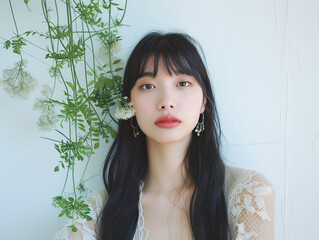 Portrait of a young woman with black hair and lace top