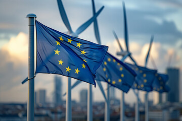 European Union Flag Waving in Front of Wind Turbines at Sunset