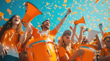 A joyful group of musicians wearing orange shirts and big smiles, playing drums and other musical instruments in a vibrant crowd. AIG41