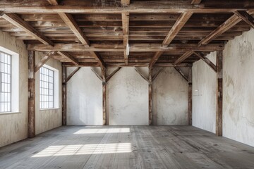 interior of an old abandoned building with wooden beams and white walls