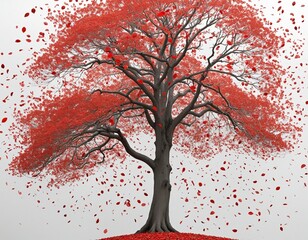 Wall Mural - Scattered red maple leaves falling from a lonely autumn tree against a transparent background in an isolated cutout object file