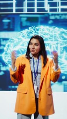 Poster - Vertical video Lively speaker talks at AI event gathering tech startups managers, investors and academics. Expert hosts sessions geared towards helping IT business leaders tap into artificial