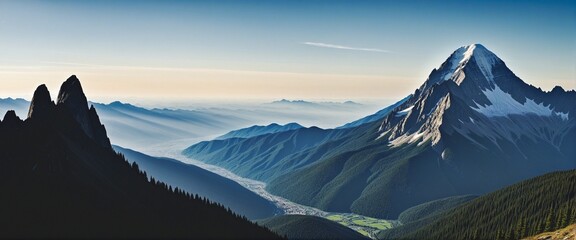 Panoramic illustration of snowy Alps peak silhouette for adventure logo design, isolated on white background