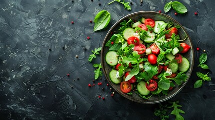 Wall Mural - Fresh vegetable salad with tomatoes, cucumbers, and greens in a dark bowl. Flat lay on dark textured background. Healthy food style and organic diet concept. Perfect for culinary projects. AI