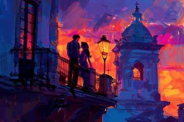 Wall Mural - Romantic illustration of a couple on a balcony at sunset capturing love and serenity in a beautifully colored artistic design