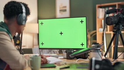 Poster - Green screen, computer and man in home office, working and editing for online video, podcast and project. Influencer, editor and internet with digital, program or software mockup for content creation
