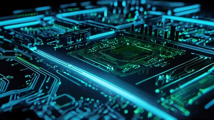 Poster - Futuristic Circuitry Advanced Technology Abstraction in Blue and Green Glow