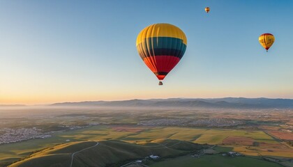 Landscape sunrise with set colorful hot air balloons