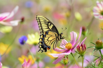 Poster - Yellow swallowtail butterfly is gathering pollen in a field of flowers