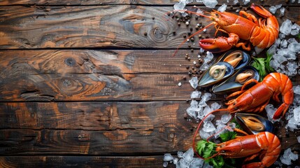 An ocean gourmet dinner background featuring fresh lobsters, mussels, oysters on a shellfish plate