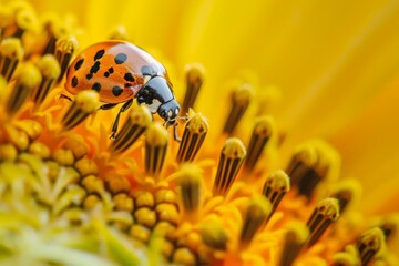 Aufkleber - Ladybug walking on yellow sunflower in close up photography