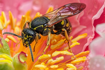 Poster - Wasp standing on vibrant pink flower collecting pollen