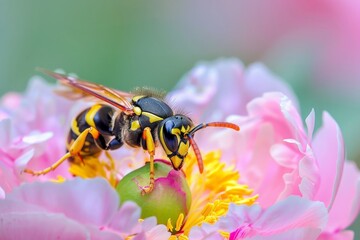 Poster - Wasp standing on stamen of pink flower in bloom