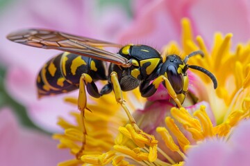 Poster - European wasp standing on vibrant pink flower gathering pollen