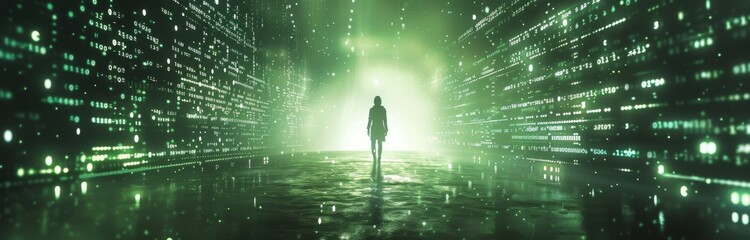Wall Mural - A Solitary Figure Walking Through A Green Digital Tunnel