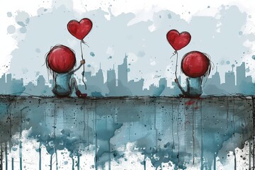 Sticker - Romantic illustration of heart balloons in a cityscape symbolizing love and celebration in a beautifully colored artistic design