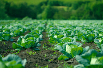 Wall Mural - cabbage plantations grow in the field. vegetable rows. farming, agriculture. Landscape with agricultural land. crops. selective focus