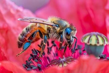 Poster - Honey bee gathering pollen on vibrant red poppy flower