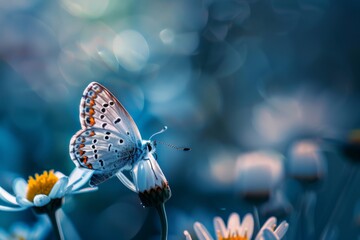 Poster - Beautiful butterfly perched on white daisy in blue nature background