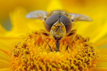 Poster - Hoverfly eating nectar and spreading pollen on a sunflower