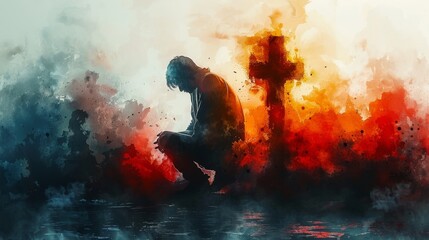 Digital watercolor painting of a man kneeling in front of a cross and praying.