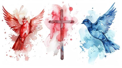 Wall Mural - An illustration depicting the Holy Trinity symbols, the cross, crown, and dove of the Holy Spirit. Watercolor Christian symbols set against a white background.