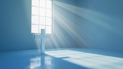 Wall Mural - Cross in white room with window. 3D rendering.