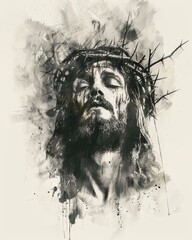 Wall Mural - Digital illustration of Christ with a crown of thorns on his head.