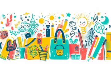 Poster - Colorful back to school illustration with various school supplies symbolizing education and excitement in a playful artistic design