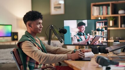 Aufkleber - Man, home and computer for editing content creation, post production and video clip on screen for online distribution. Male person, pc and software for creative process, upload and social media.