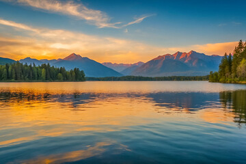 Wall Mural - Beautiful landscape in sunset time. Mountains reflected in lake water