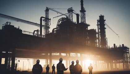 Silhouette of engineers and construction team working next to an industrial structure 