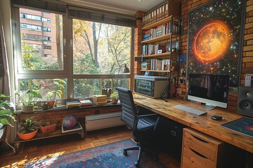 Poster - A Home Office With a View of Trees and a Starry Sky Poster