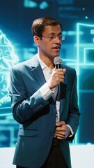 Poster - Vertical video Presenter talking with spectators at AI convention bringing together IT specialists, sharing insights from latest developments in artificial intelligence and cognitive computing, camera