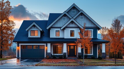 Two Story Blue House With Autumn Leaves And Garage Door