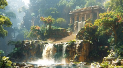 a secret lab in the canyon, digital painting, and 3d rendering.