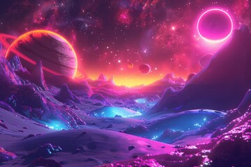 Poster - artwork featuring a space nebula with planets and stars. colorful universe with a dark theme. concep