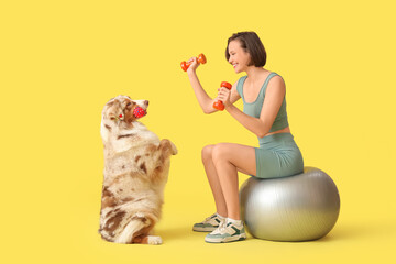 Poster - Sporty young woman exercising with cute Australian Shepherd dog on yellow background