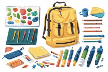 Sticker - Detailed illustration of art supplies and a yellow backpack symbolizing creativity and travel in a vibrant artistic design