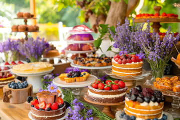 Dessert buffet table, food catering for wedding, party holiday celebration, lavender decor, cakes and desserts in a country garden