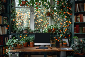Poster - Home Office Desk With Window View Of Citrus Trees And Bookshelf