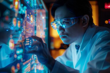 Poster - Focused Scientist Analyzing Data on a Digital Screen