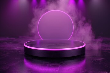 Sticker - Mysterious illustration of a neon lit platform with fog symbolizing intrigue and mystery