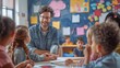 © Trichaiwat - Teacher interacting with a group of diverse students, explaining a lesson on a whiteboard, showcasing a dynamic and inclusive learning environment for educational purposes