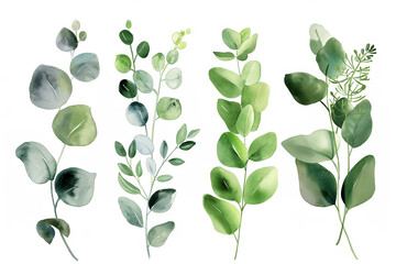 Eucalyptus watercolor clipart set. Green plant collection isolated on white background illustration set.