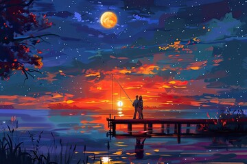 Wall Mural - A couple is standing on a dock by a lake at sunset. The sky is filled with stars and the sun is setting in the distance